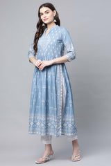 Pastel Blue Pure Cotton Printed Kurta Pant Set With Dupatta