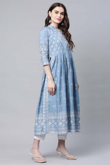 Pastel Blue Pure Cotton Printed Kurta Pant Set With Dupatta