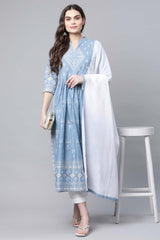 Pastel Blue Pure Cotton Printed Kurta Pant Set With Dupatta