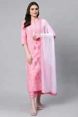 Light Pink Color Pure Cotton Printed Kurta Pant Set With Dupatta