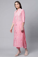 Light Pink Color Pure Cotton Printed Kurta Pant Set With Dupatta