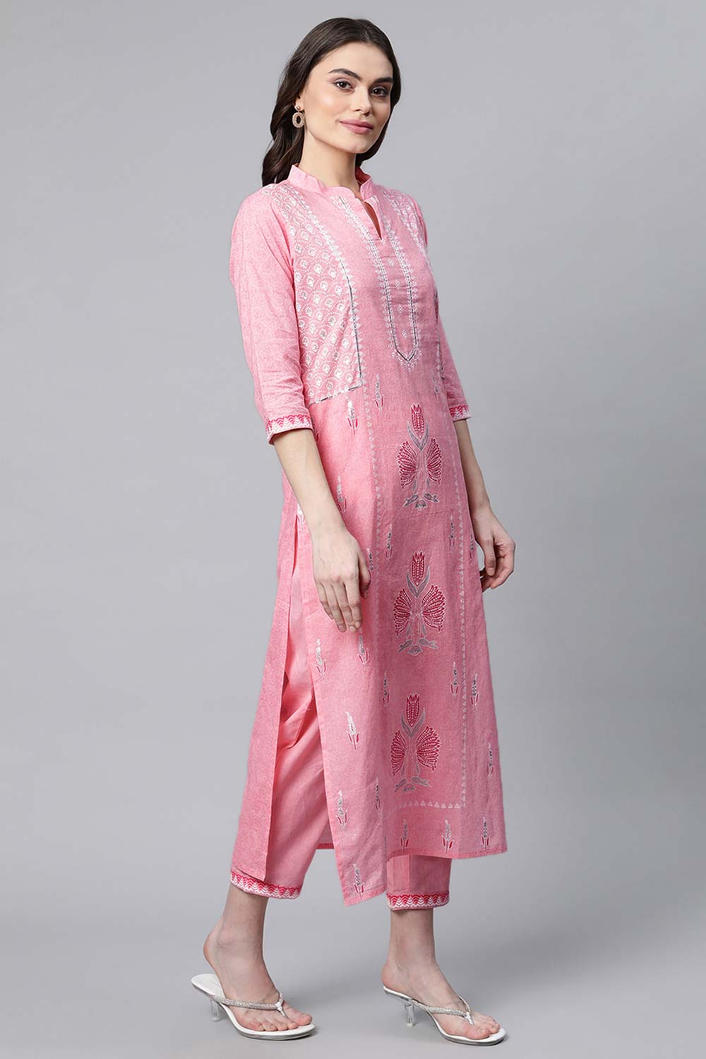 Light Pink Color Pure Cotton Printed Kurti Pant Set With Dupatta