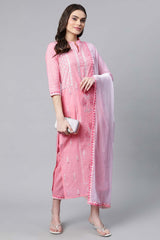 Light Pink Color Pure Cotton Printed Kurti Pant Set With Dupatta