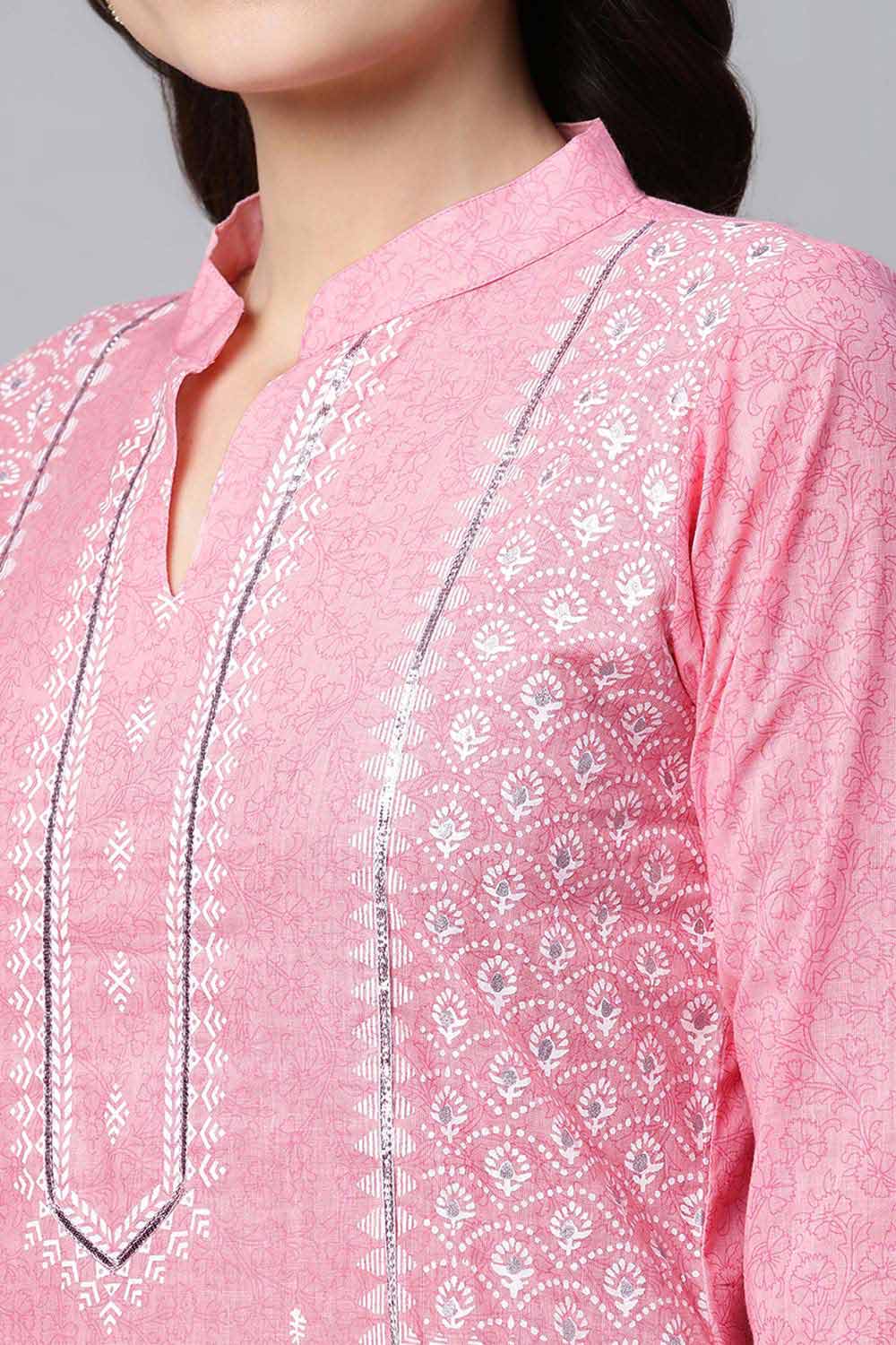 Light Pink Color Pure Cotton Printed Kurti Pant Set With Dupatta