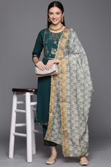 Dark Green Crepe Smoke Printed Kurta Pant Set With Dupatta