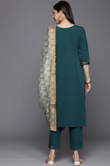 Dark Green Crepe Smoke Printed Kurta Pant Set With Dupatta