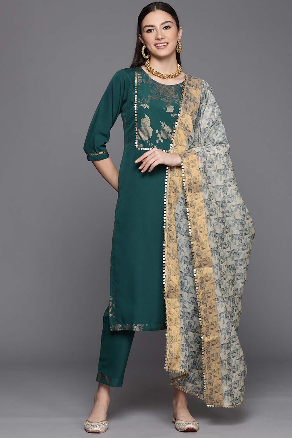 Dark Green Crepe Smoke Printed Kurta Pant Set With Dupatta