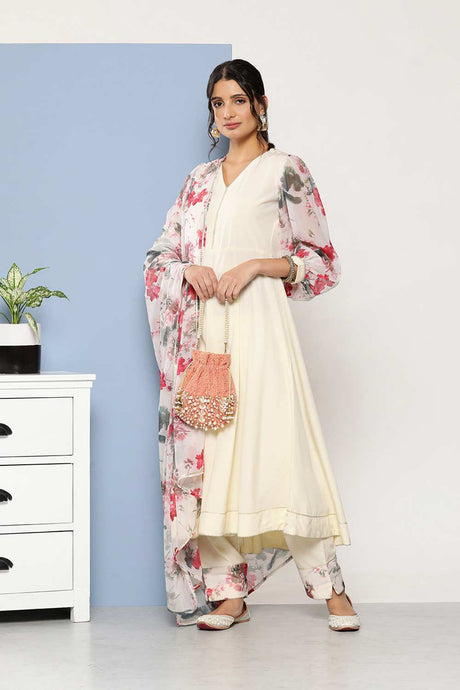 Buy Cream Poly Crepe Solid Kurta Trousers Set With Dupatta Online