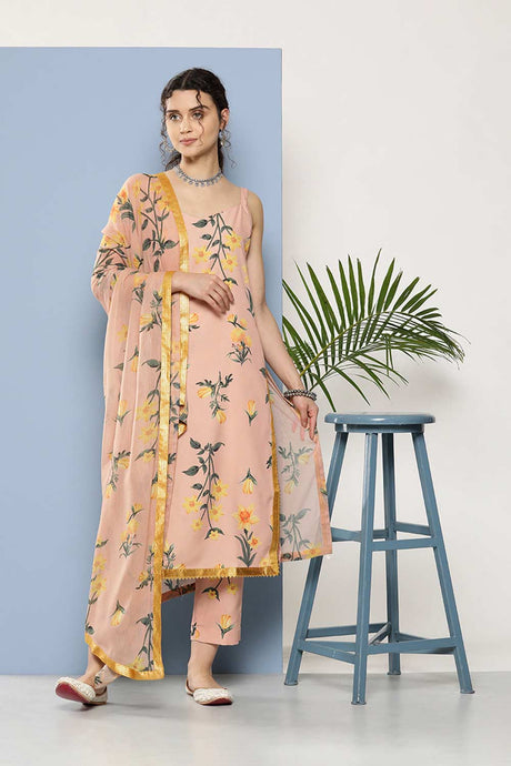 Buy Nude Poly Crepe Printed Kurta Trousers Set With Dupatta Online