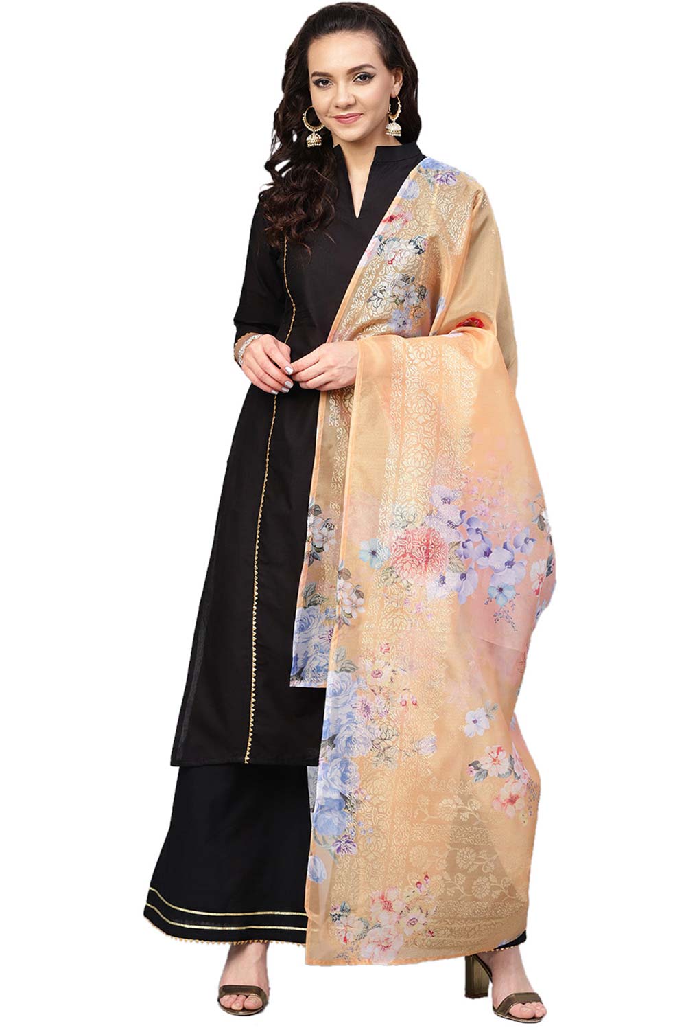 Black Cotton Solid Kurta Palazzo Set With Printed Dupatta