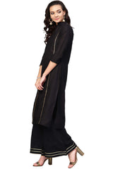 Black Cotton Solid Kurta Palazzo Set With Printed Dupatta