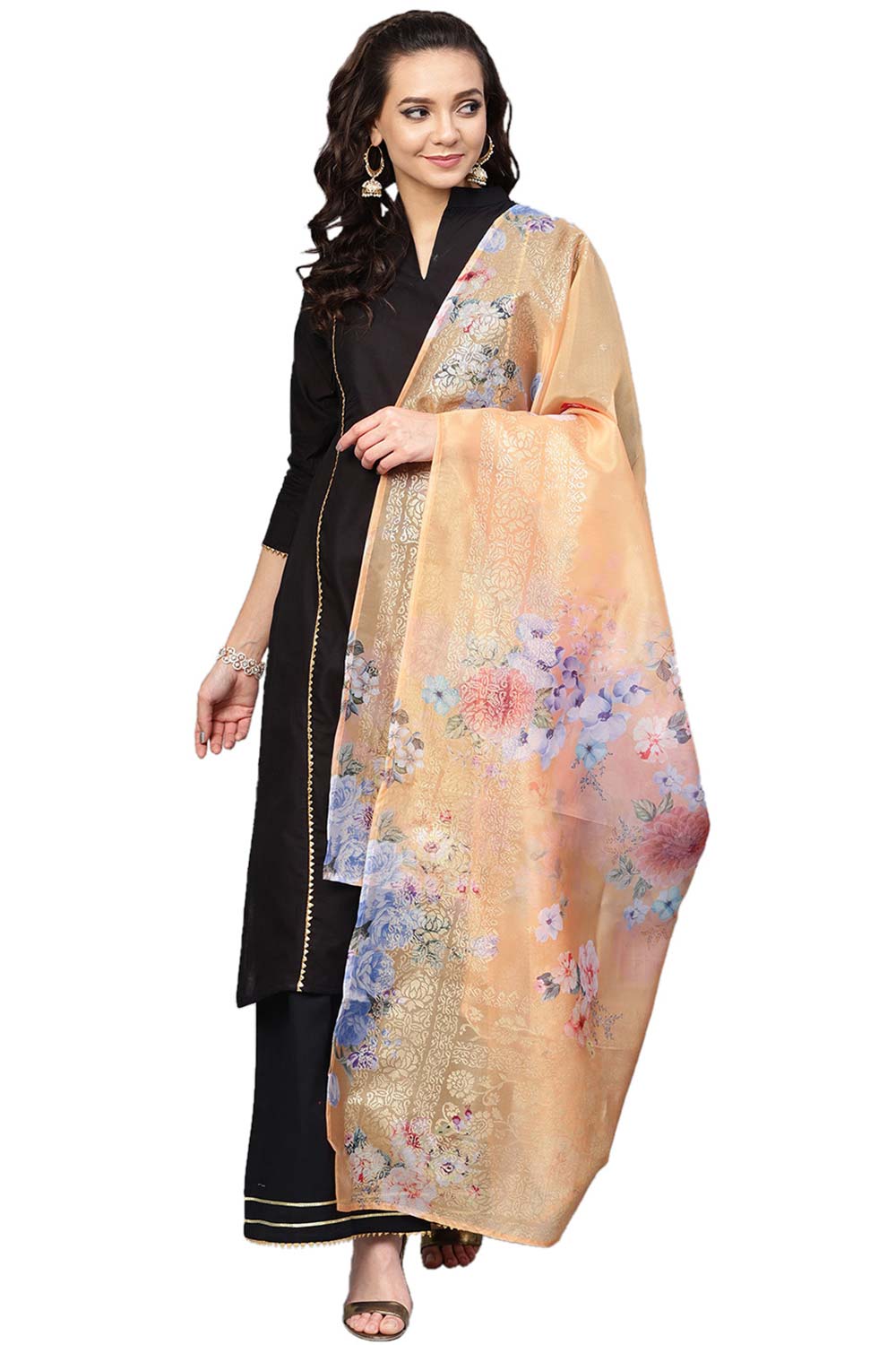 Black Cotton Solid Kurta Palazzo Set With Printed Dupatta