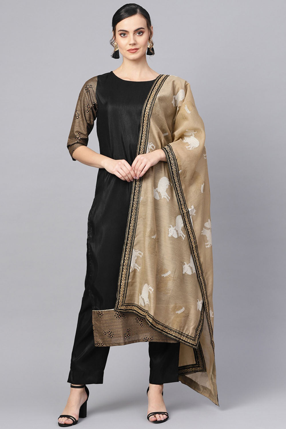 Poly Art Silk Printed Kurta Set In Black