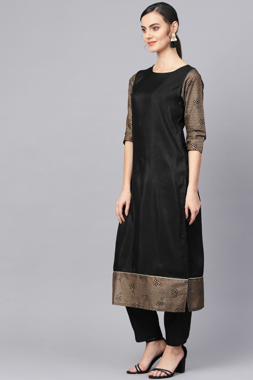 Poly Art Silk Printed Kurta Set In Black