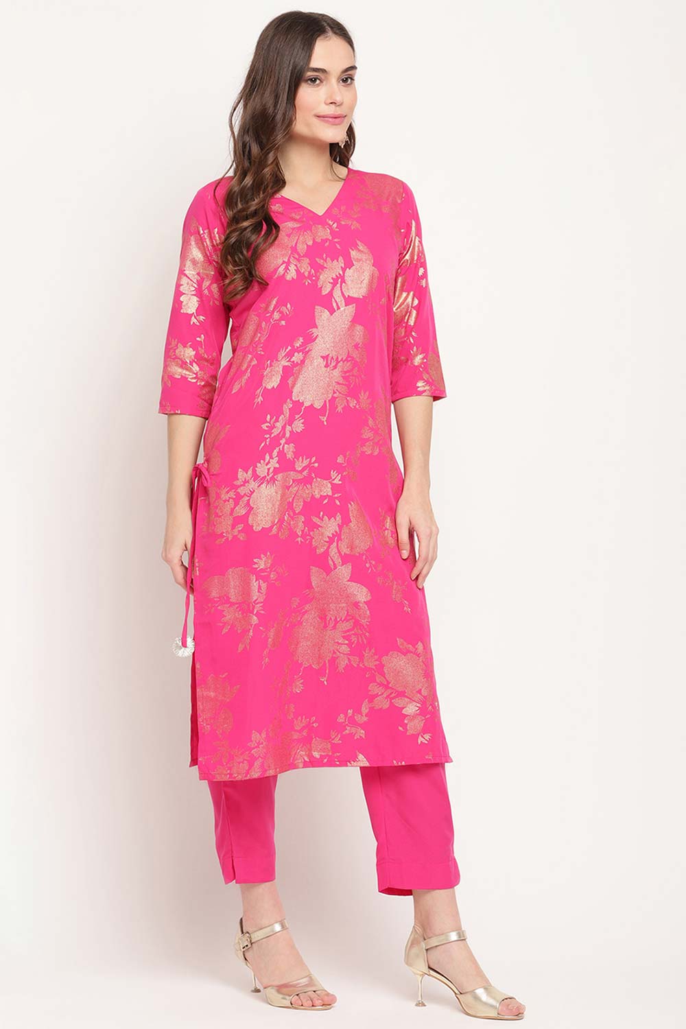 Buy Crepe Printed Suit Set in Dark Pink - Side