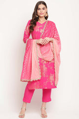 Buy Crepe Printed Suit Set in Dark Pink