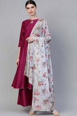 Wine Poly Silk Solid Anarkali Kurta Palazzo Set With Dupatta