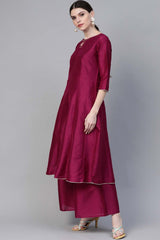 Wine Poly Silk Solid Anarkali Kurta Palazzo Set With Dupatta