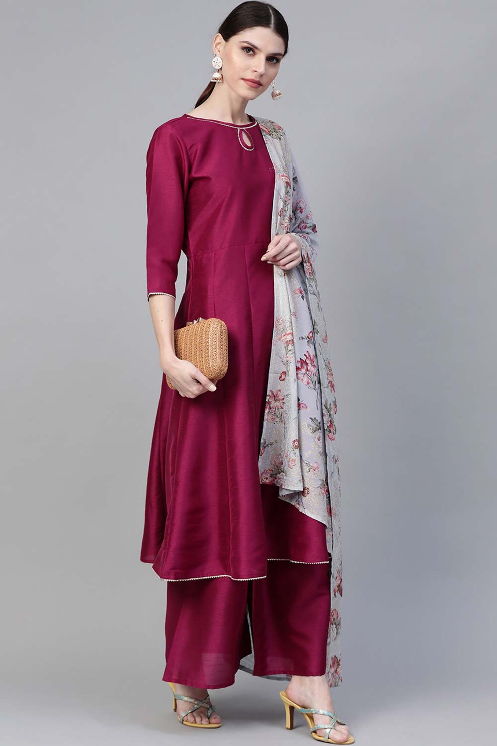 Wine Poly Silk Solid Anarkali Kurta Palazzo Set With Dupatta