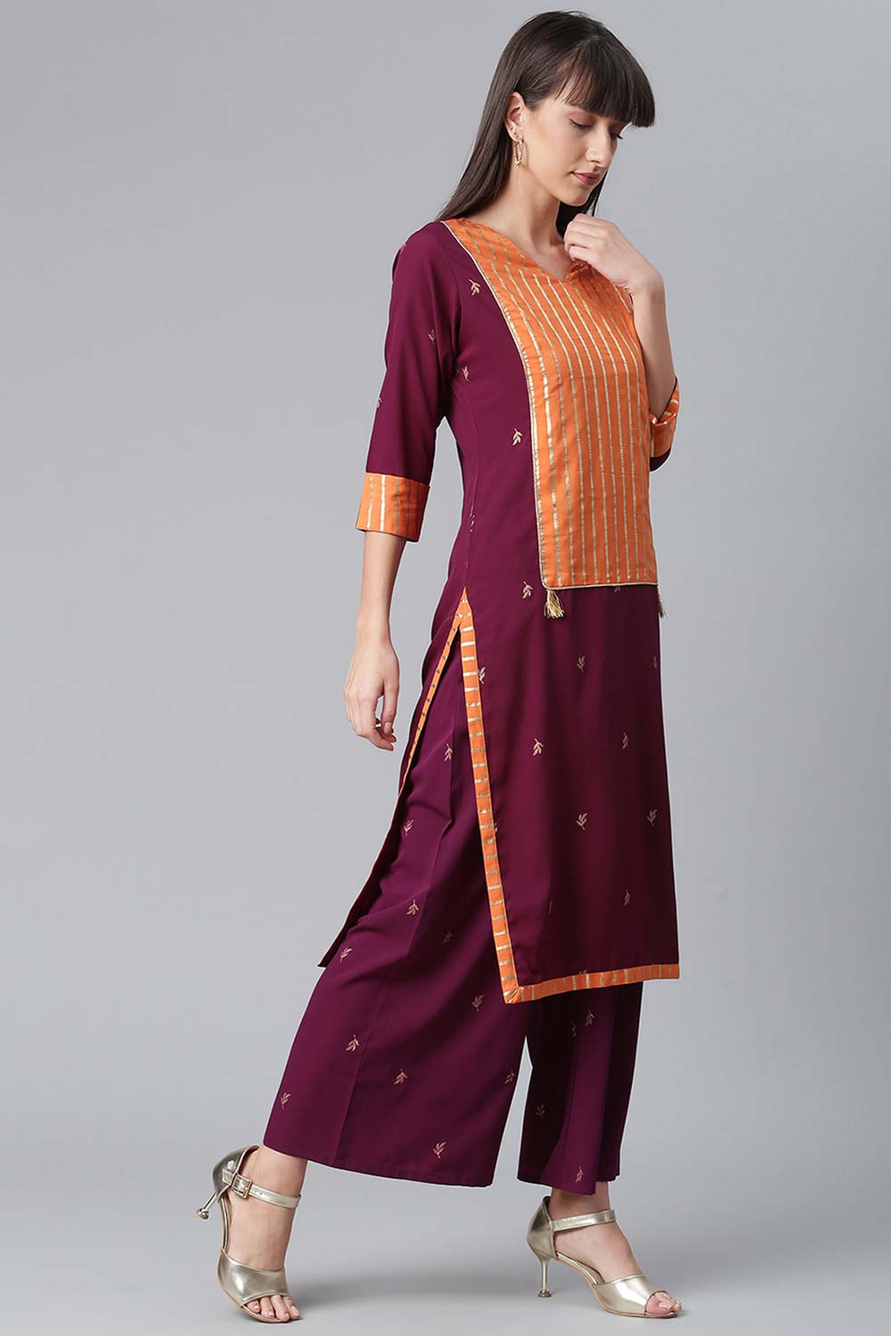 Buy Crepe Solid Suit Set in Wine - Front