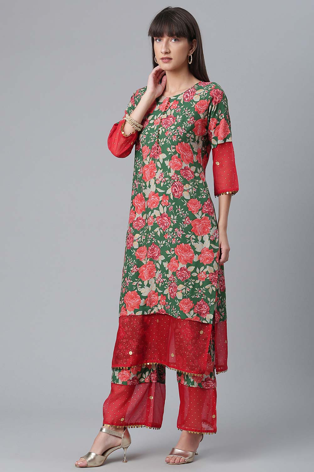 Buy Rayon Printed Suit Set in Dark Green - Back