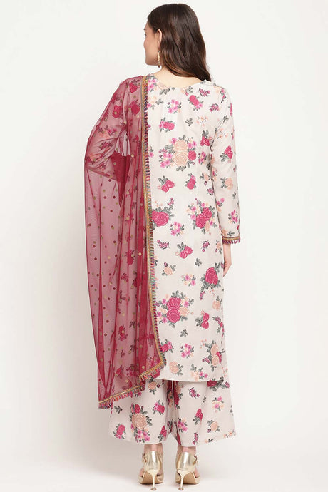 Buy Crepe Floral Printed Suit Set in Beige Online - Back