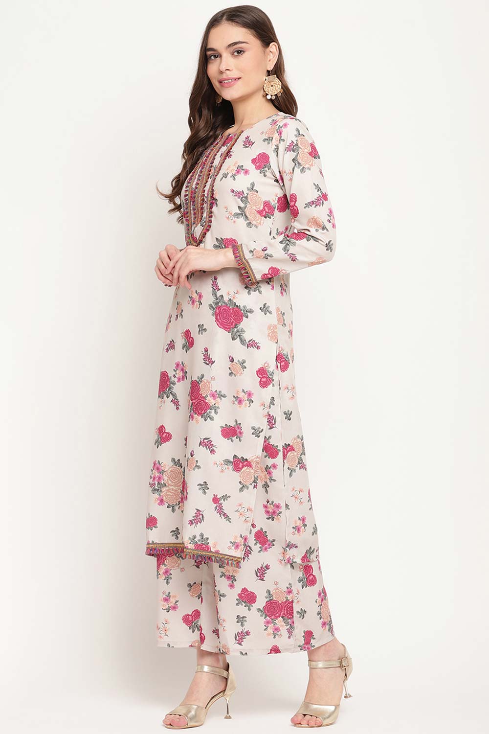 Buy Crepe Floral Printed Suit Set in Beige Online - Front