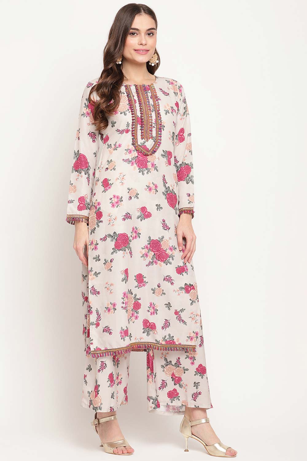 Buy Crepe Floral Printed Suit Set in Beige Online - Side