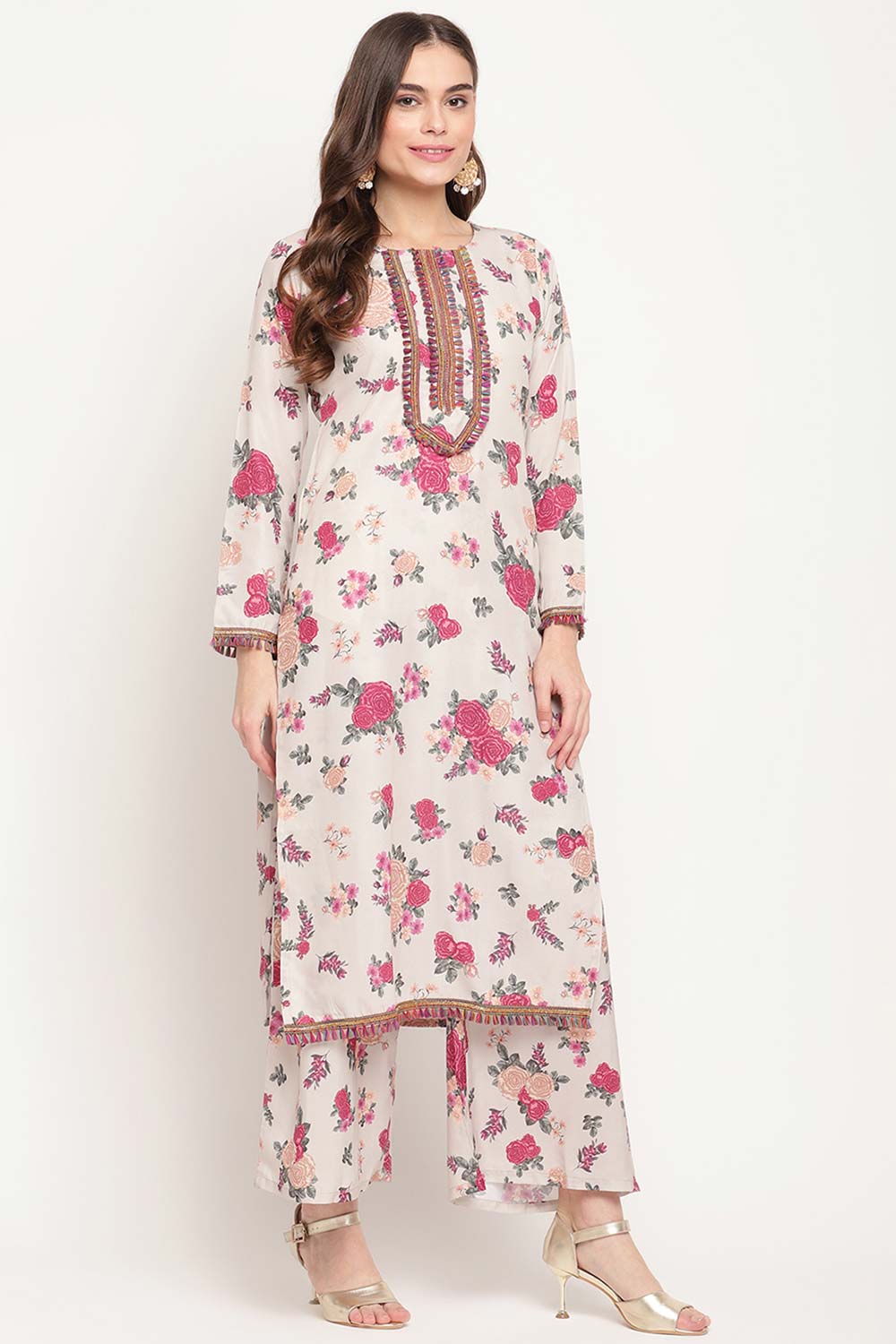 Buy Crepe Printed Suit Set in Beige - Side