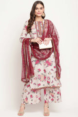 Buy Crepe Floral Printed Suit Set in Beige Online - Zoom In