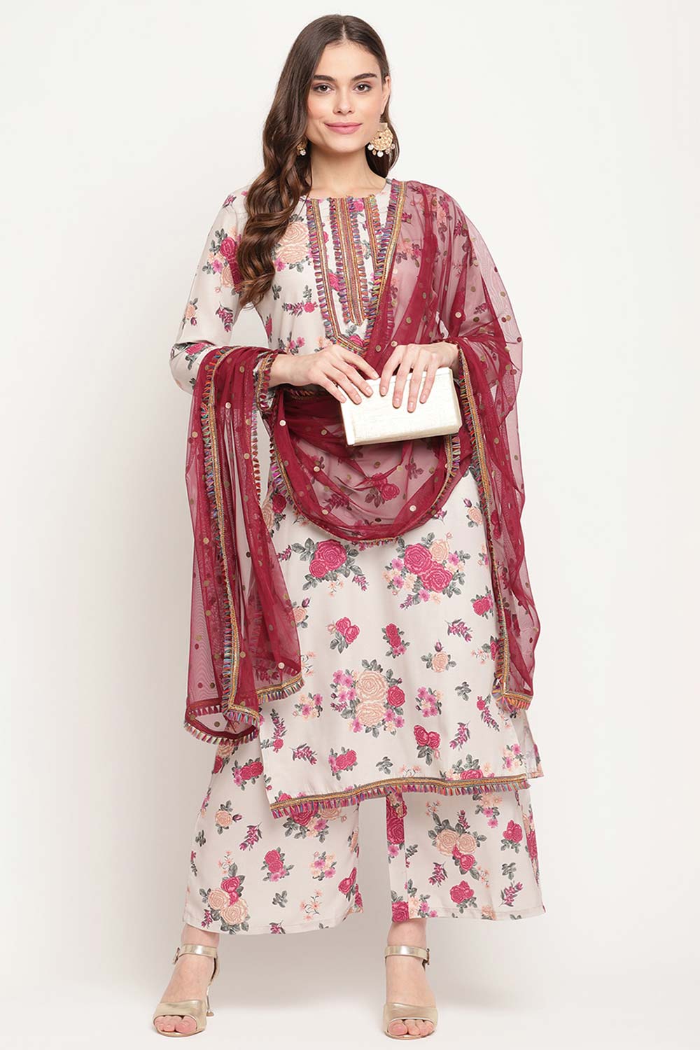 Buy Crepe Printed Suit Set in Beige - Zoom in