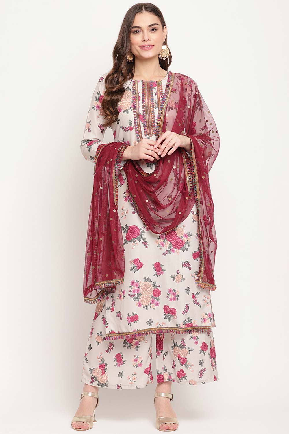 Buy Crepe Floral Printed Suit Set in Beige Online