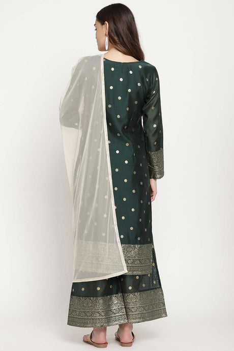 Buy Chanderi Foil Print Suit Set in Dark Green - Front