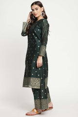 Buy Chanderi Foil Print Suit Set in Dark Green - Back