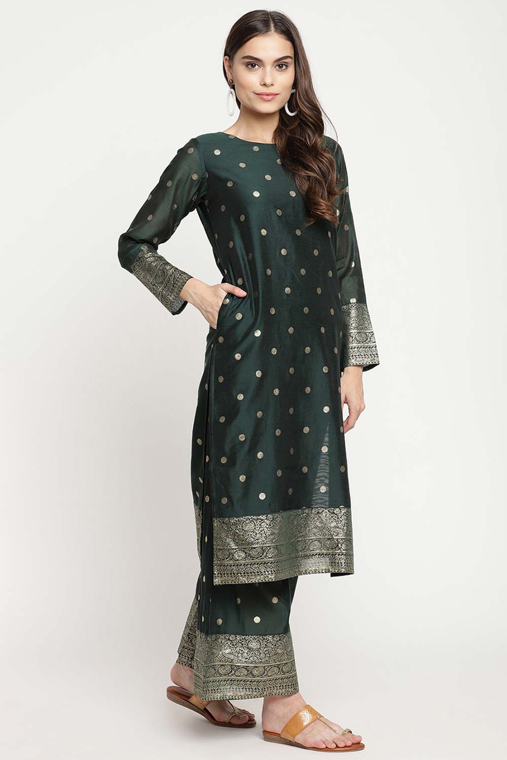 Buy Chanderi Foil Print Suit Set in Dark Green - Side