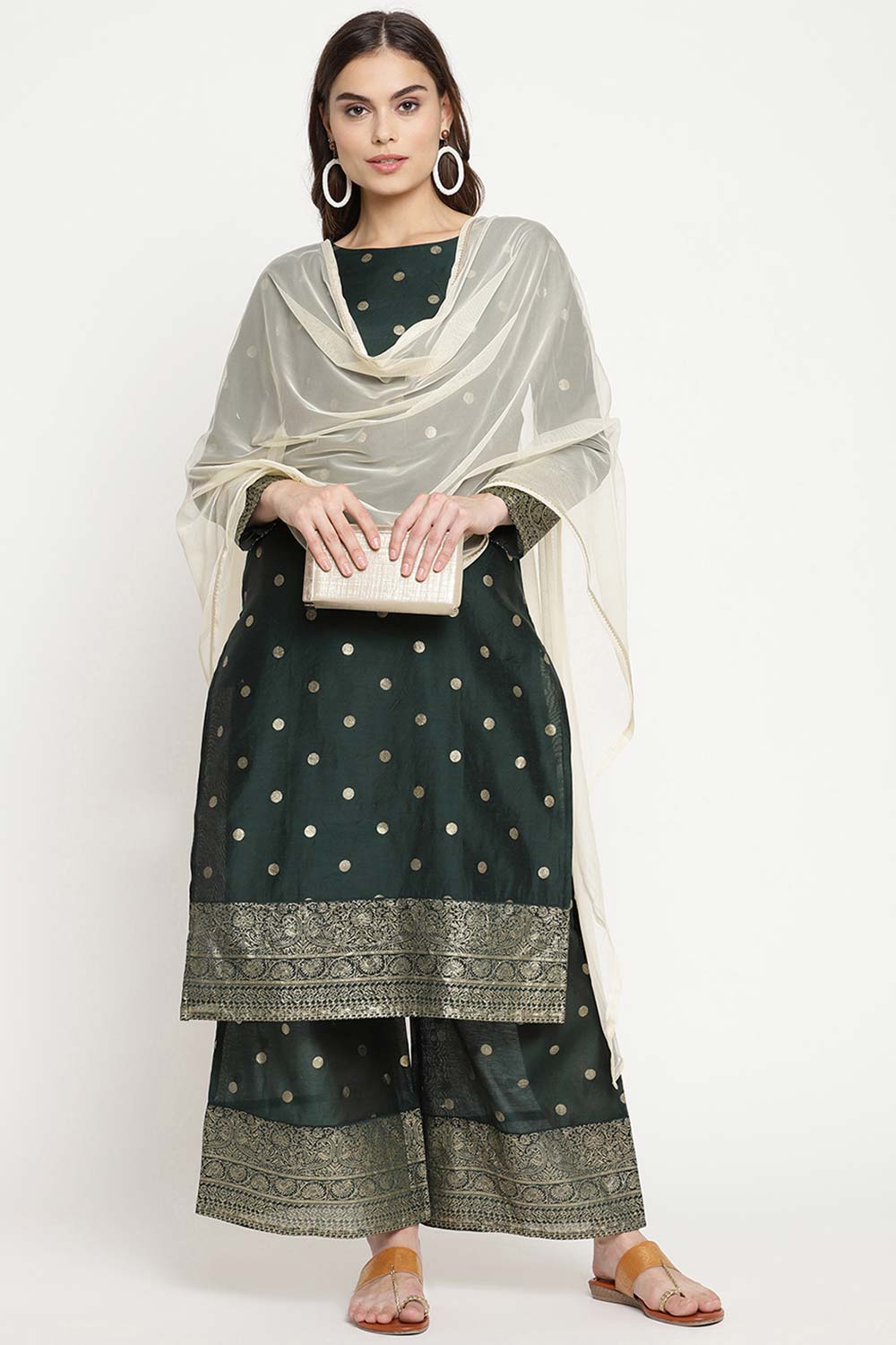 Buy Chanderi Foil Print Suit Set in Dark Green - Zoom in