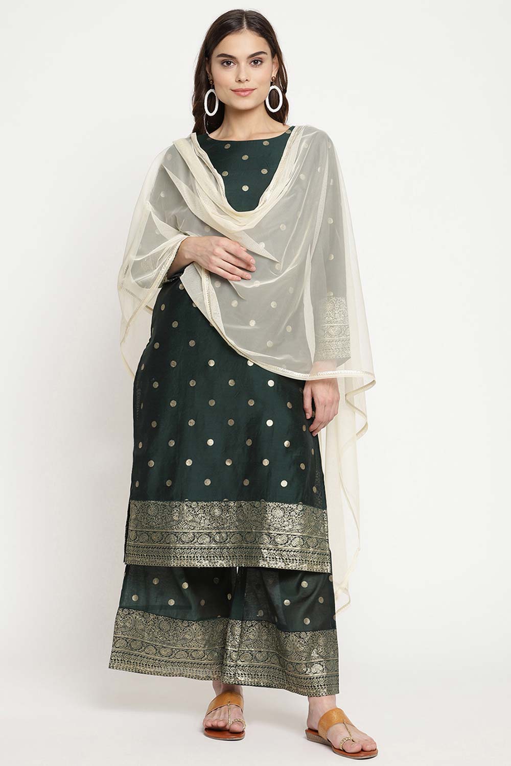 Buy Chanderi Foil Print Suit Set in Dark Green