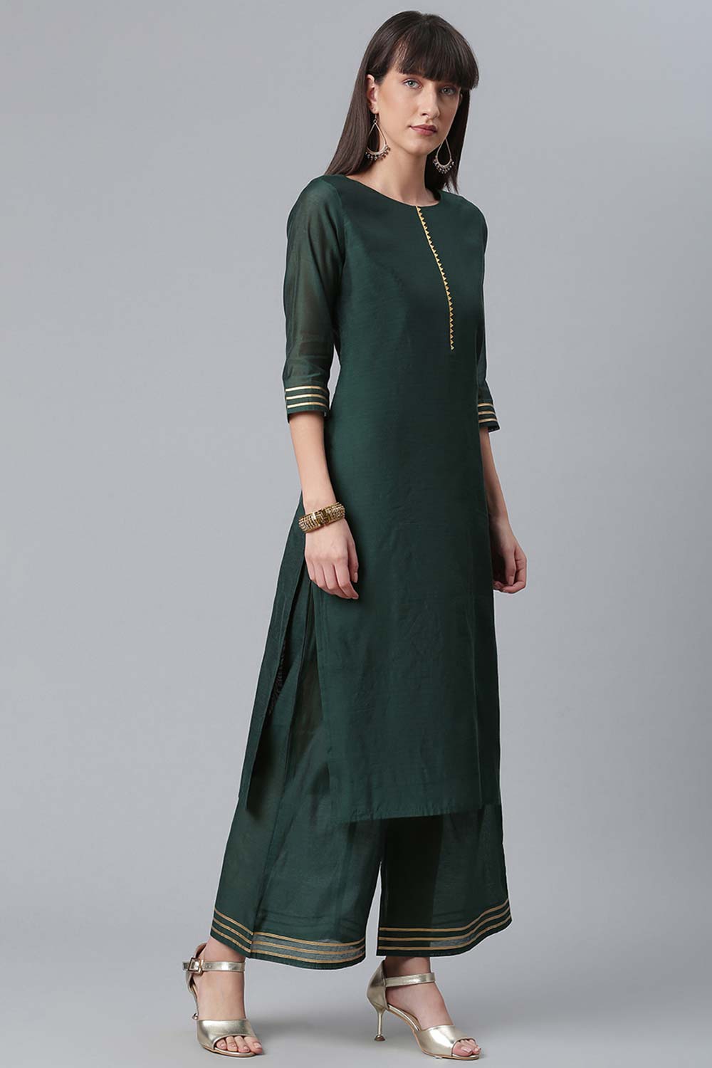 Buy Chanderi  Solid Suit Set in Dark Green - Front