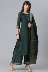 Buy Chanderi  Solid Suit Set in Dark Green - Back