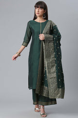 Buy Chanderi  Solid Suit Set in Dark Green