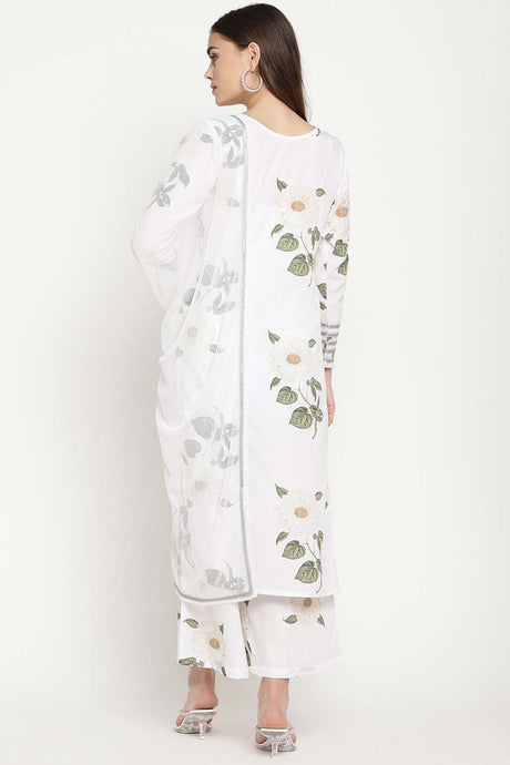 Buy Crepe Floral Printed Suit Set in White Online - Back