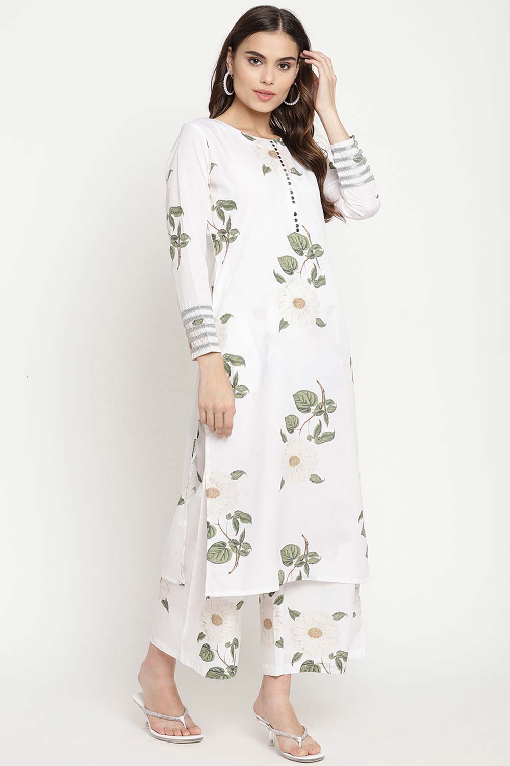 Buy Crepe Floral Printed Suit Set in White Online - Side