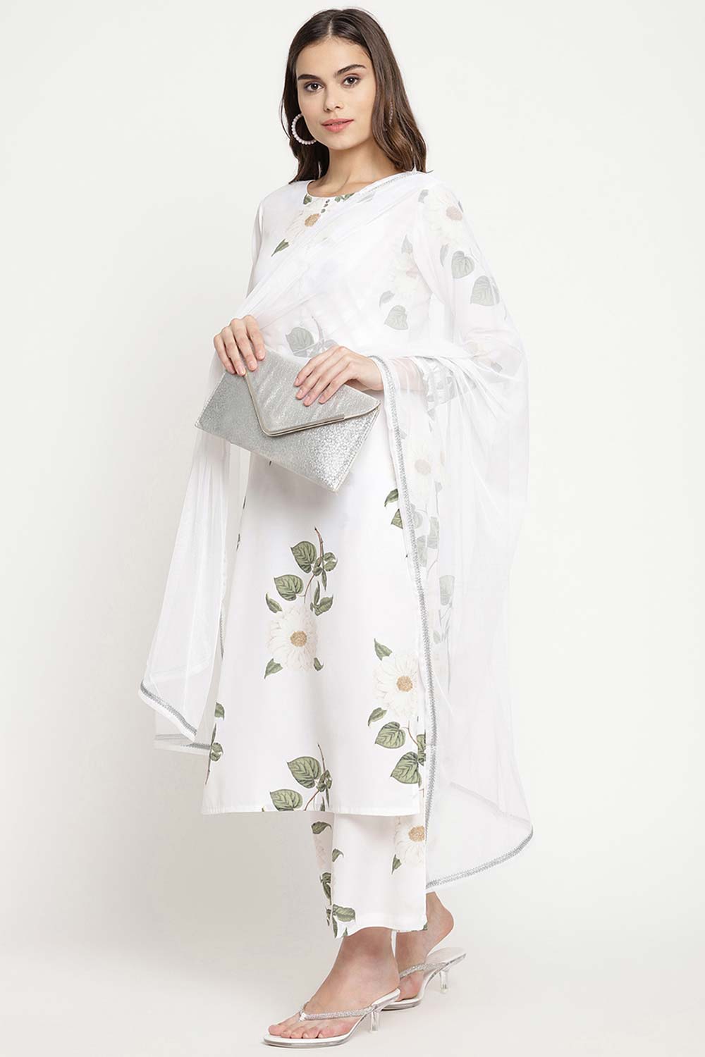 Buy Crepe Floral Printed Suit Set in White Online - Zoom In