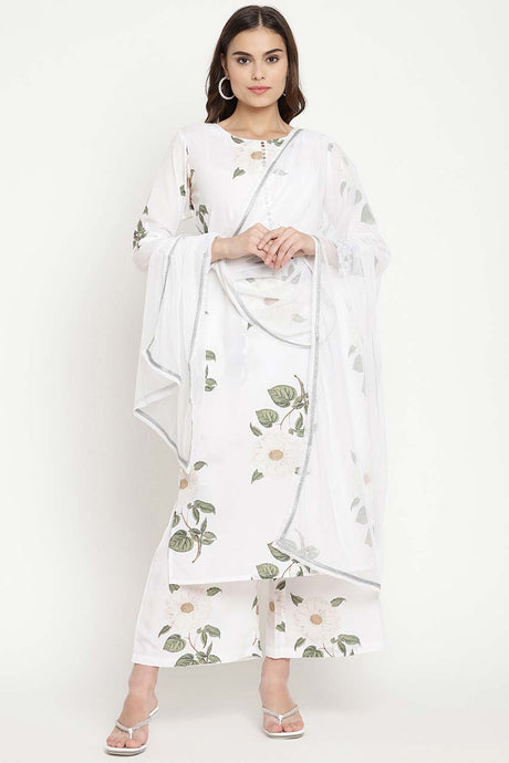 Buy Crepe Floral Printed Suit Set in White Online