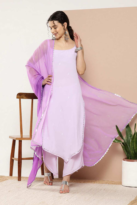 Buy Lavender Poly Crepe Printed Kurta Palazzo Set With Dupatta Online