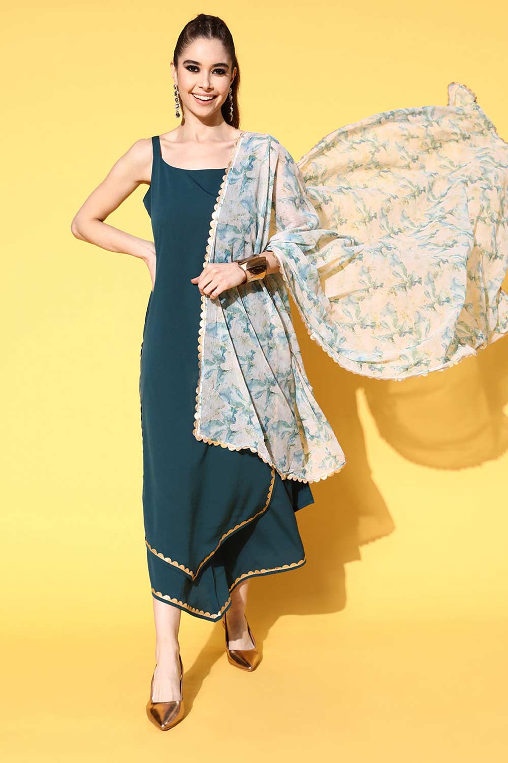 Buy Green Poly Crepe Solid Kurta Palazzo Set With Dupatta Online