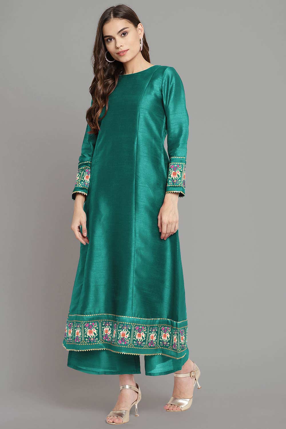 Buy Sea Green Art Silk Printed Kurta Palazzo Set With Dupatta Online