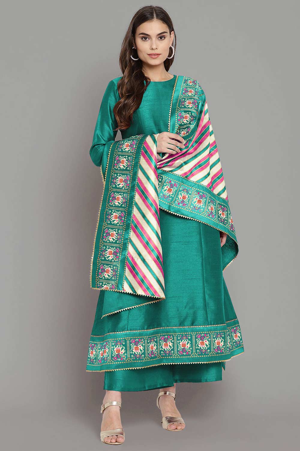 Buy Sea Green Art Silk Printed Kurta Palazzo Set With Dupatta Online