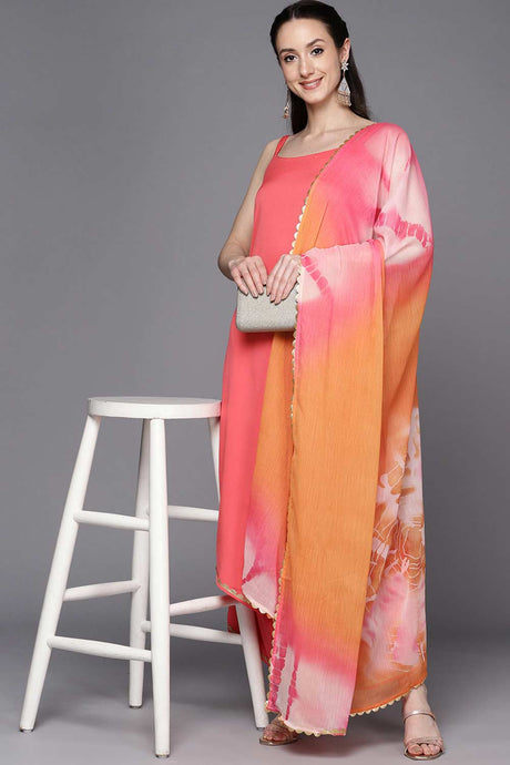 Buy Coral Crepe Solid Kurta Palazzo Set With Dupatta Online