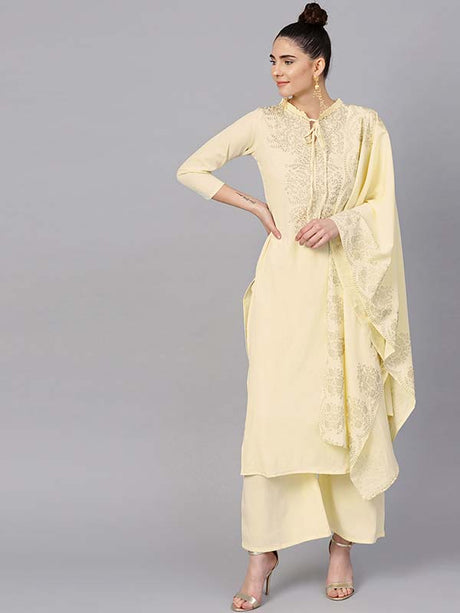 Shop Cream Polyester  Straight  Kurta Set Online 